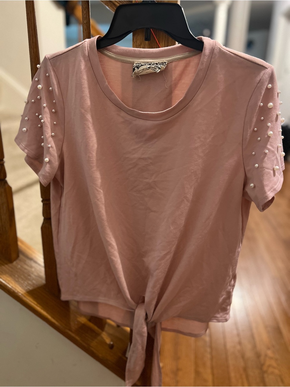Women's Pink Short-Sleeve Tie-Front Tee with Pearl Sleeve Accents